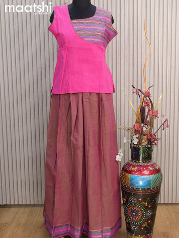 Mangalgiri cotton kids lehenga pink and dual shade of green with patch work neck pattern and woven border for 14 years