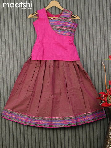 Mangalgiri cotton kids lehenga pink and dual shade of green with patch work neck pattern and woven border for 7 years