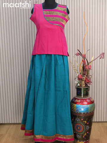 Mangalgiri cotton kids lehenga pink and teal green shade with patch work neck pattern and zari woven border for 14 years