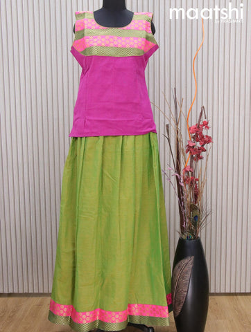 Mangalgiri cotton kids lehenga purple and green with patch work neck pattern and zari woven border Sleeve attached