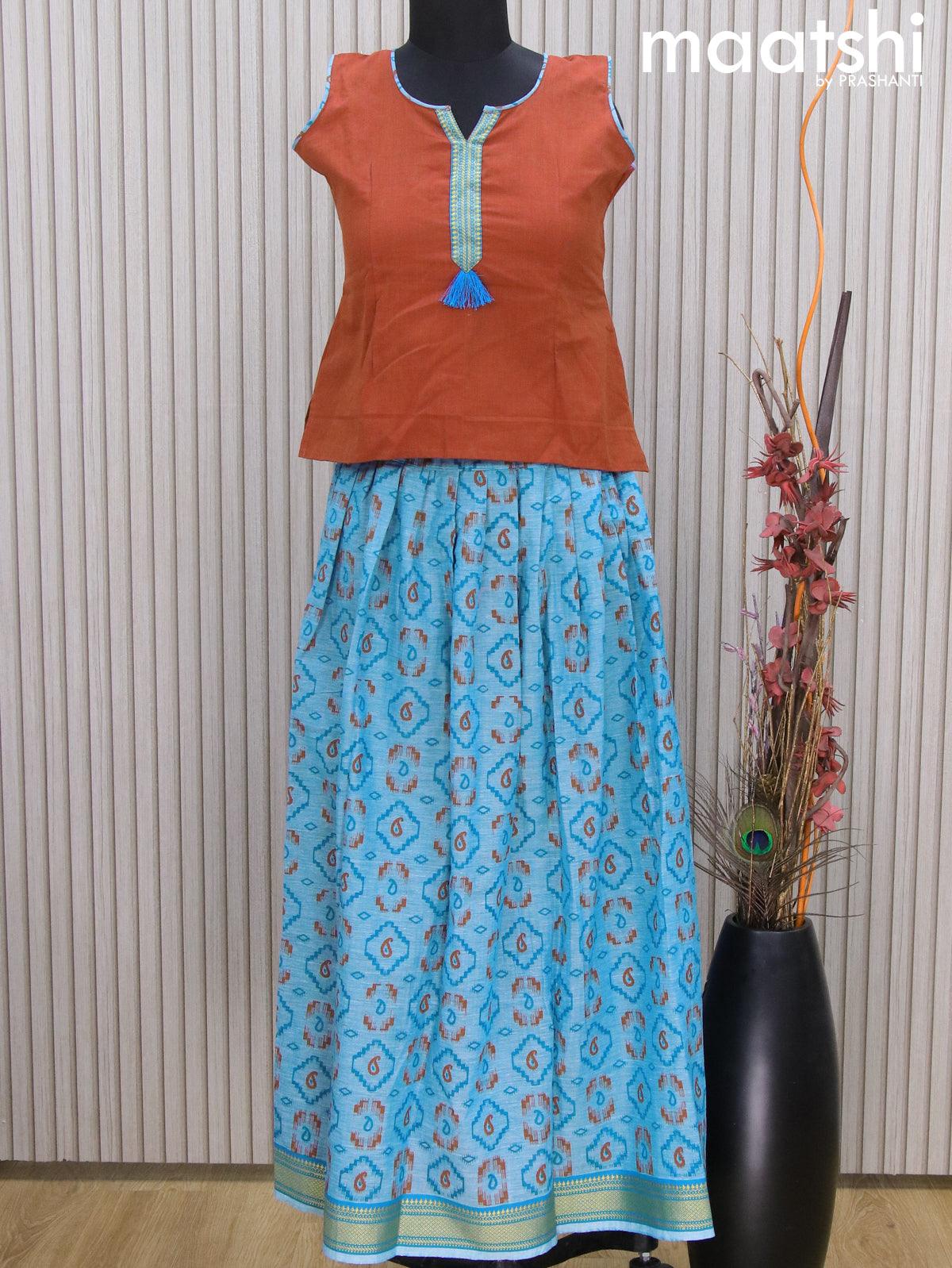 Mangalgiri cotton kids lehenga rust shade and blue shade with patch work neck pattern and ikat prints & woven border Sleeve attached