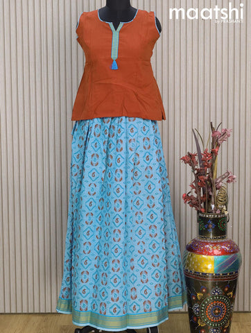 Mangalgiri cotton kids lehenga rust shade and light blue with patch work neck pattern and ikat prints & woven border Sleeve attached