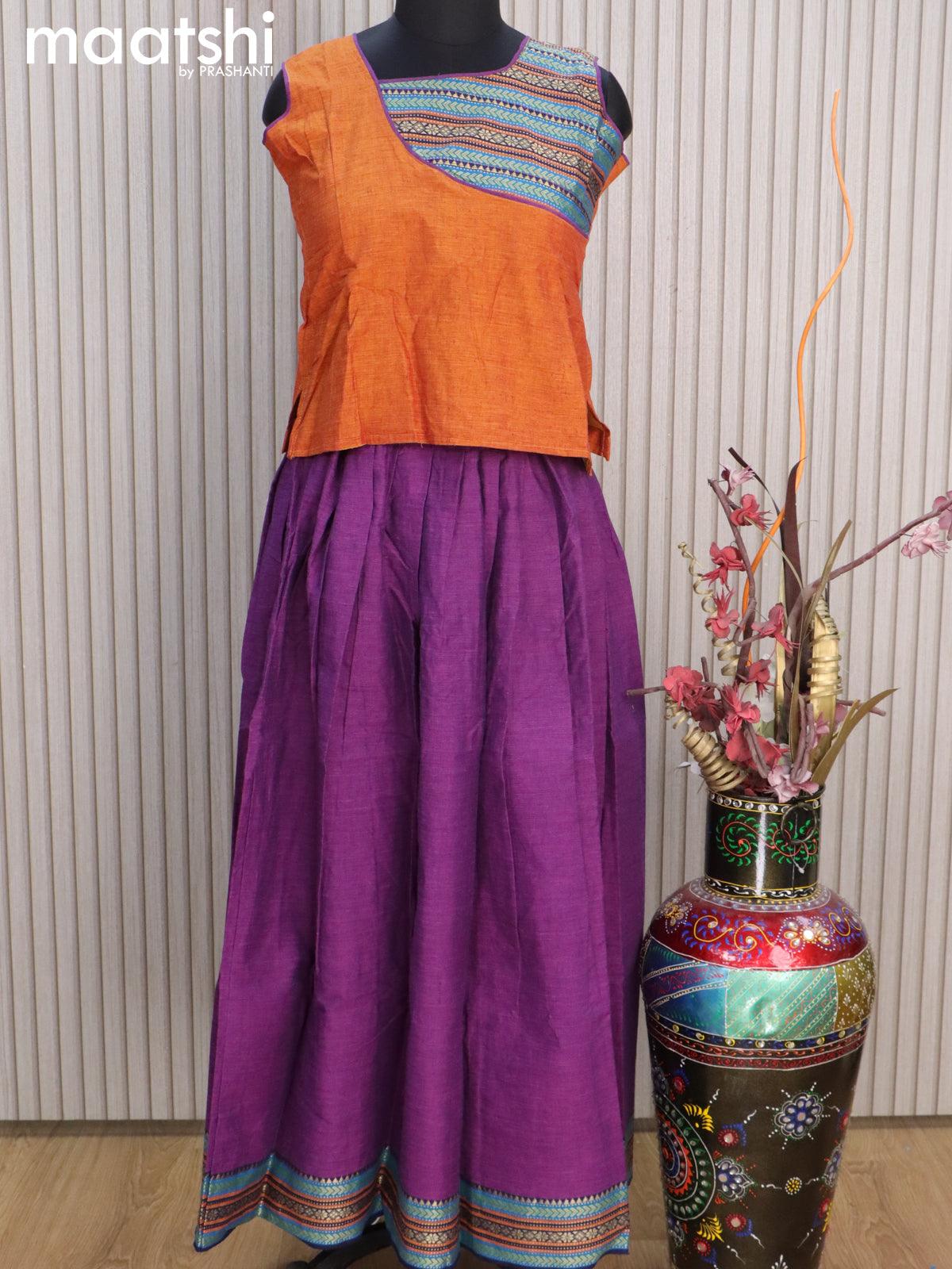 Mangalgiri cotton kids lehenga rust shade and purple with patch work neck pattern and woven border for 11 years