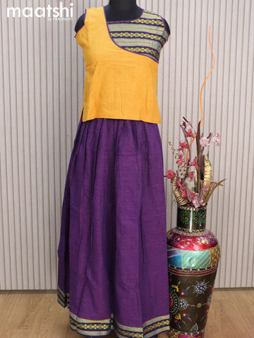 Mangalgiri cotton kids lehenga yellow and deep violet with patch work neck pattern and woven border for 12 years