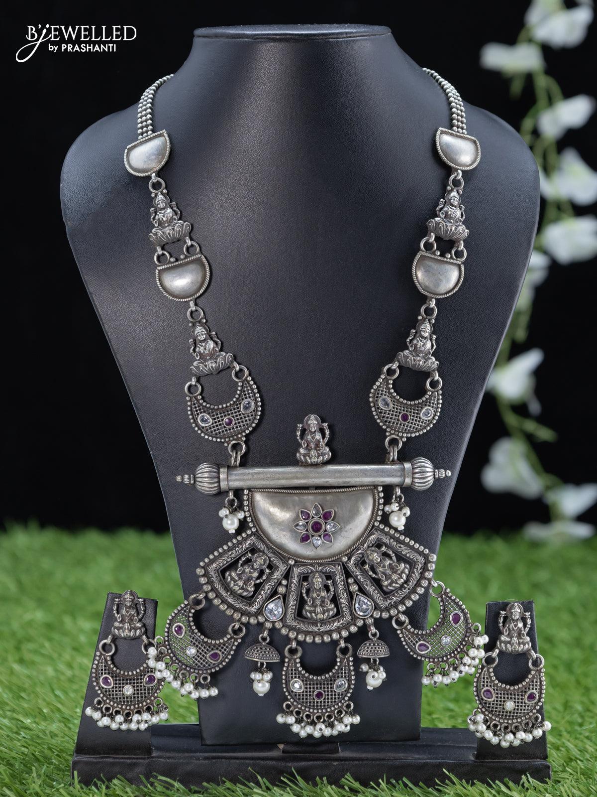 Oxidised haaram kemp and cz stone with lakshmi pendant