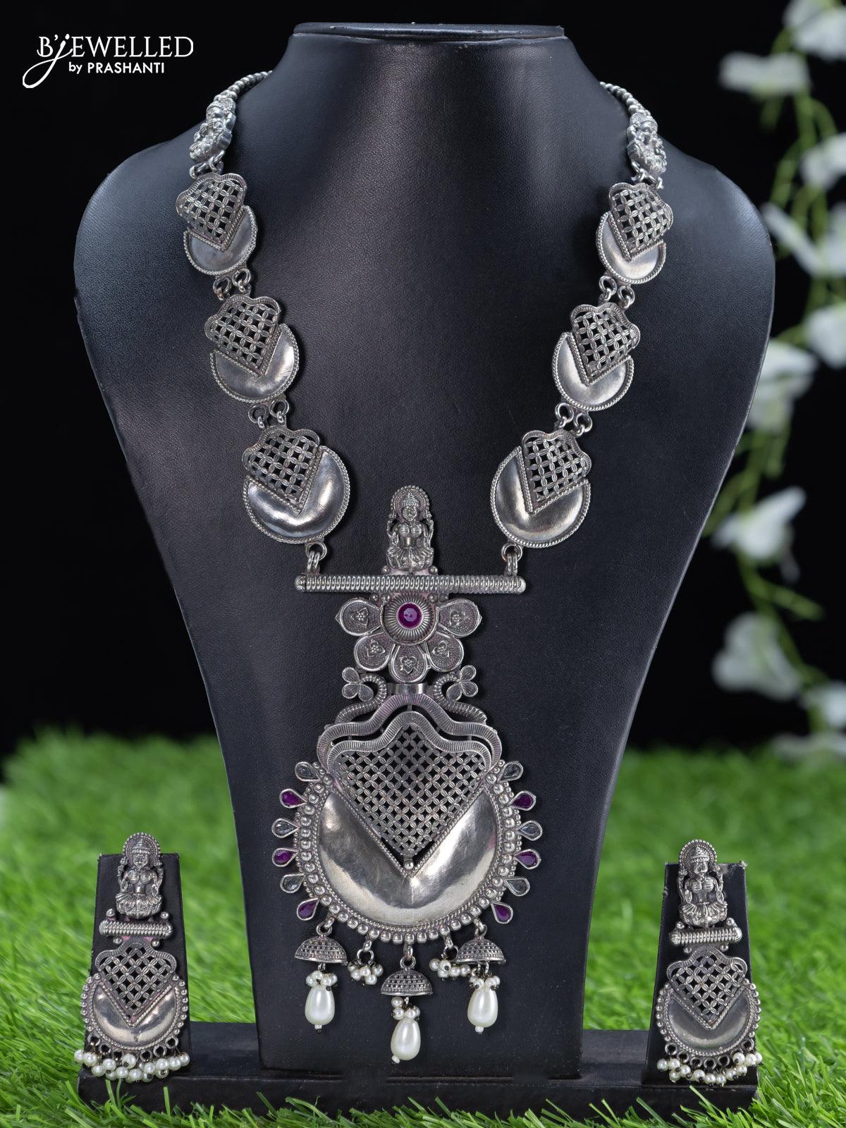 Oxidised haaram lakshmi design pink kemp and cz stone with pearl hangings
