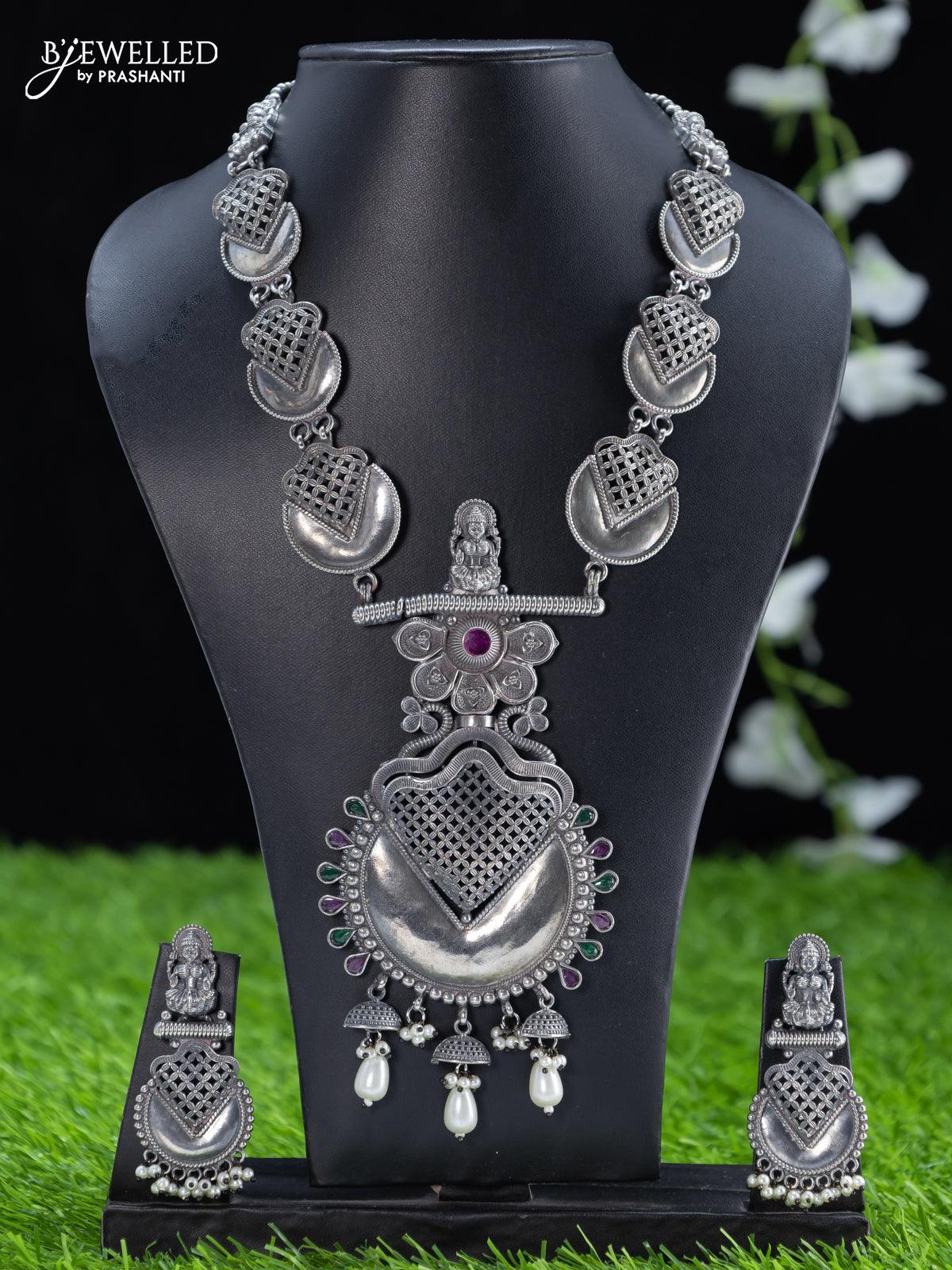 Oxidised haaram  lakshmi design with kemp stone and pearl hangings