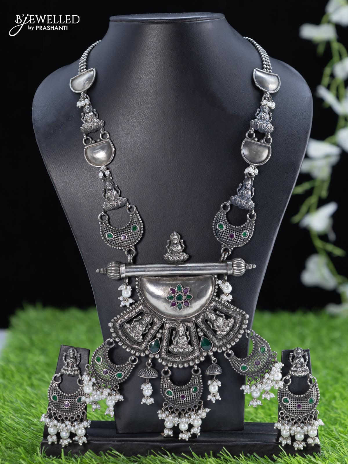 Oxidised haaram with kemp stone and lakshmi pendant