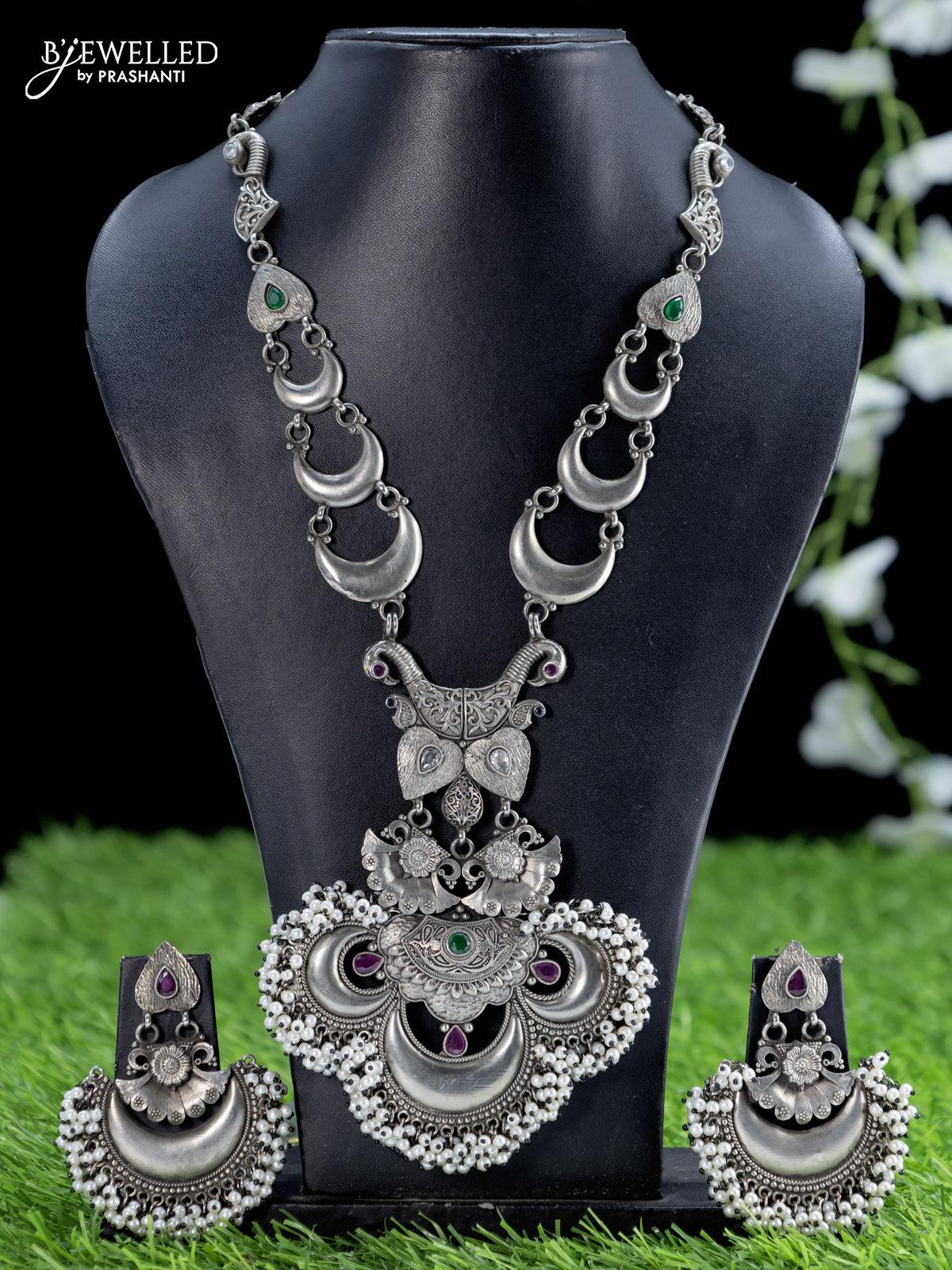 Oxidised haaram with kemp stone and pearl hangings