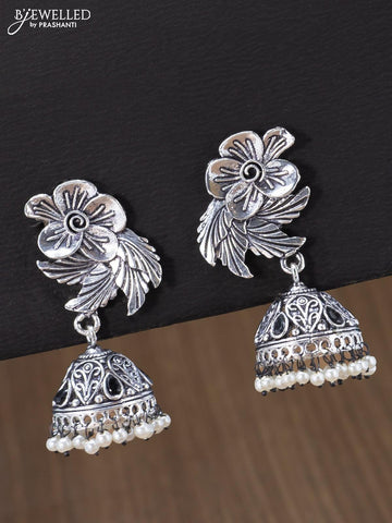 Oxidised jhumka floral & leaf design with black stones and pearl hangings