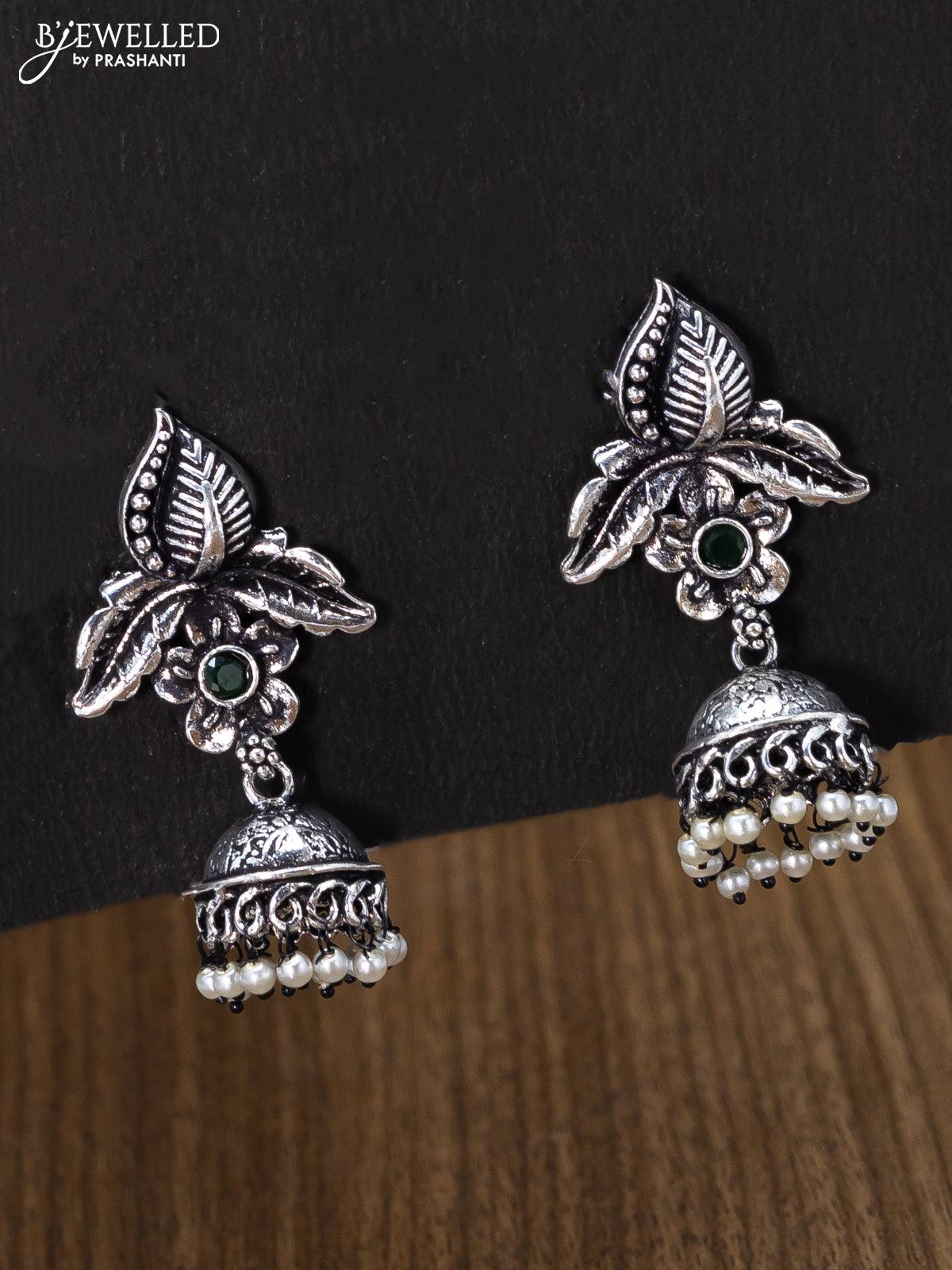 Oxidised jhumka floral & leaf design with emerald stones and pearl hangings
