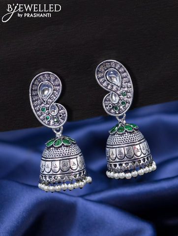 Oxidised jhumka paisley design with emerald stones and pearl hangings