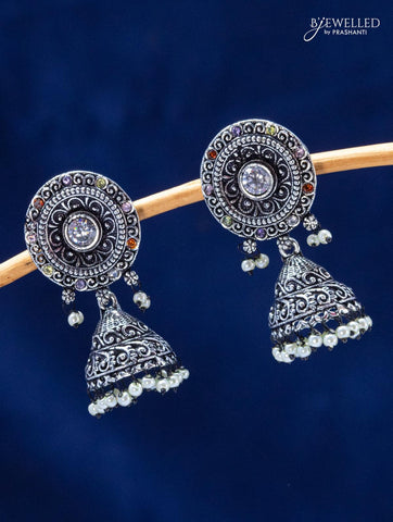 Oxidised jhumka with multicolour stones and pearl hangings