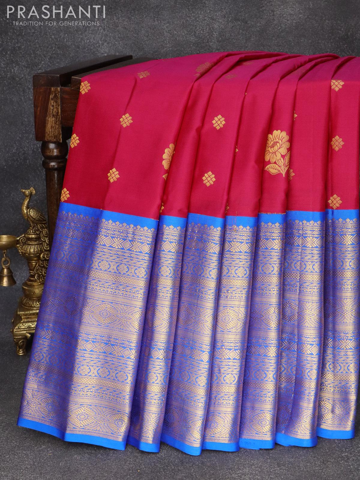 Pure gadwal silk saree dual shade of pink and cs blue with allover zari woven buttas and long rich zari woven border and Butta style