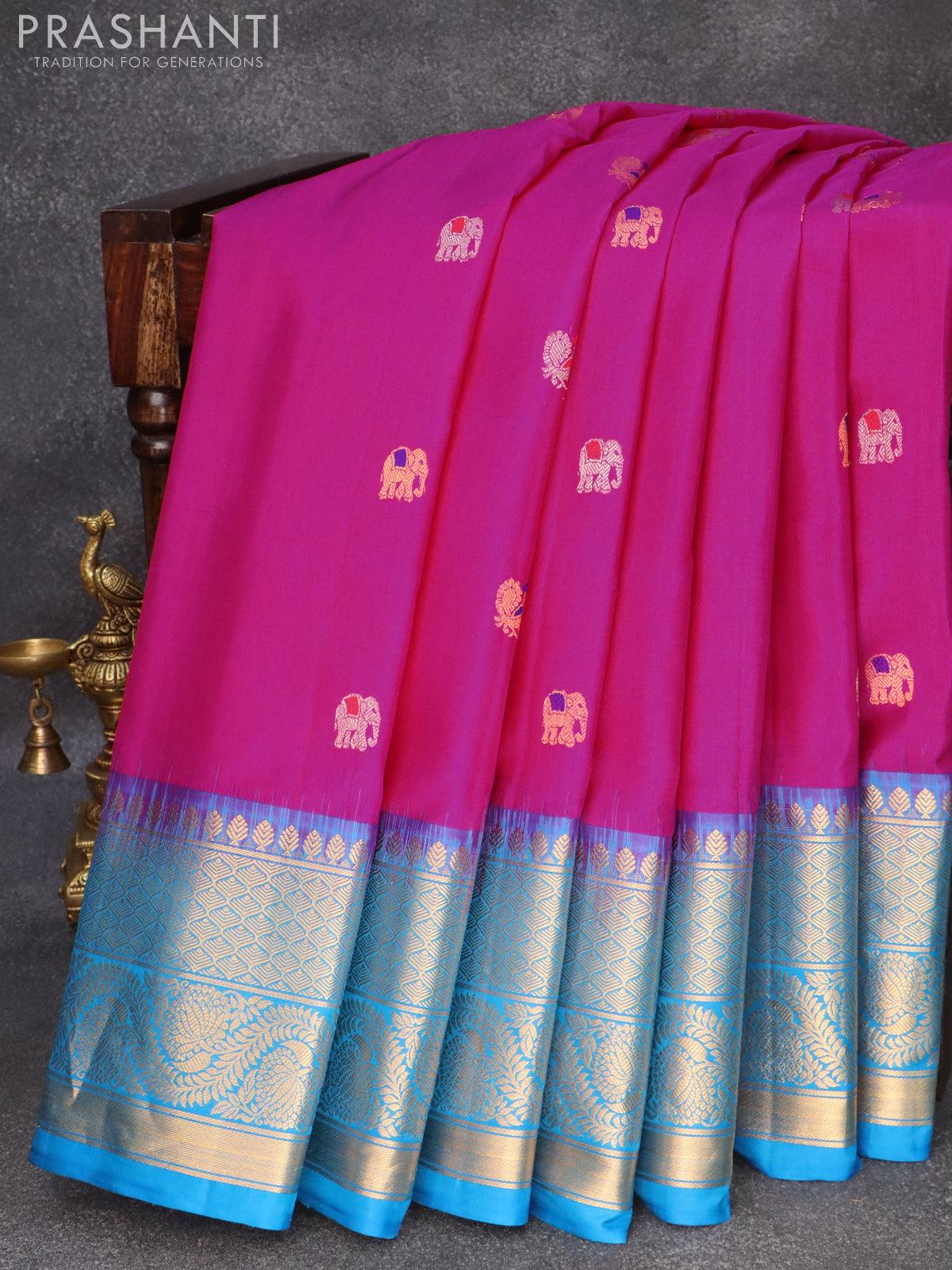 Pure gadwal silk saree pink and cs blue with silver & gold zari woven elephant buttas and long rich zari woven border and Butta style