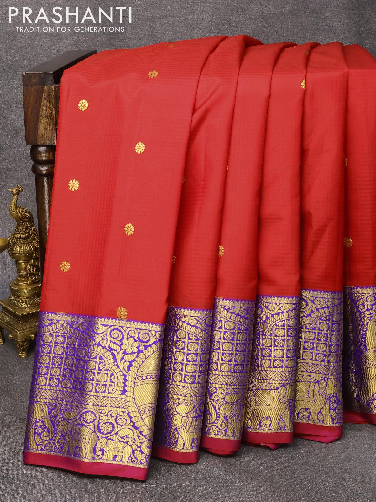 Pure gadwal silk saree red and blue with zari woven buttas and annam zari woven border