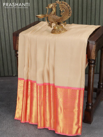 Pure kanjivaram silk saree cream and pink with allover zari weaves and long peacock zari woven border