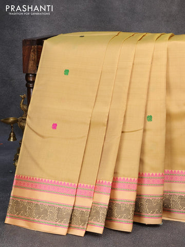 Pure kanjivaram silk saree elaichi green and sandal with thread woven buttas and thread woven border zero zari