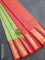 Pure kanjivaram silk saree light green and dual shade of orange with allover zari woven brocade weaves and rich zari woven border