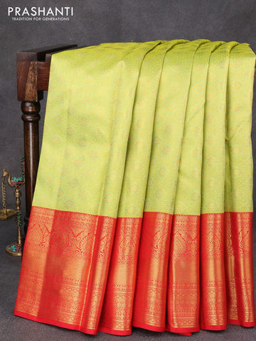 Pure kanjivaram silk saree light green and red with allover zari woven brocade weaves and zari woven border