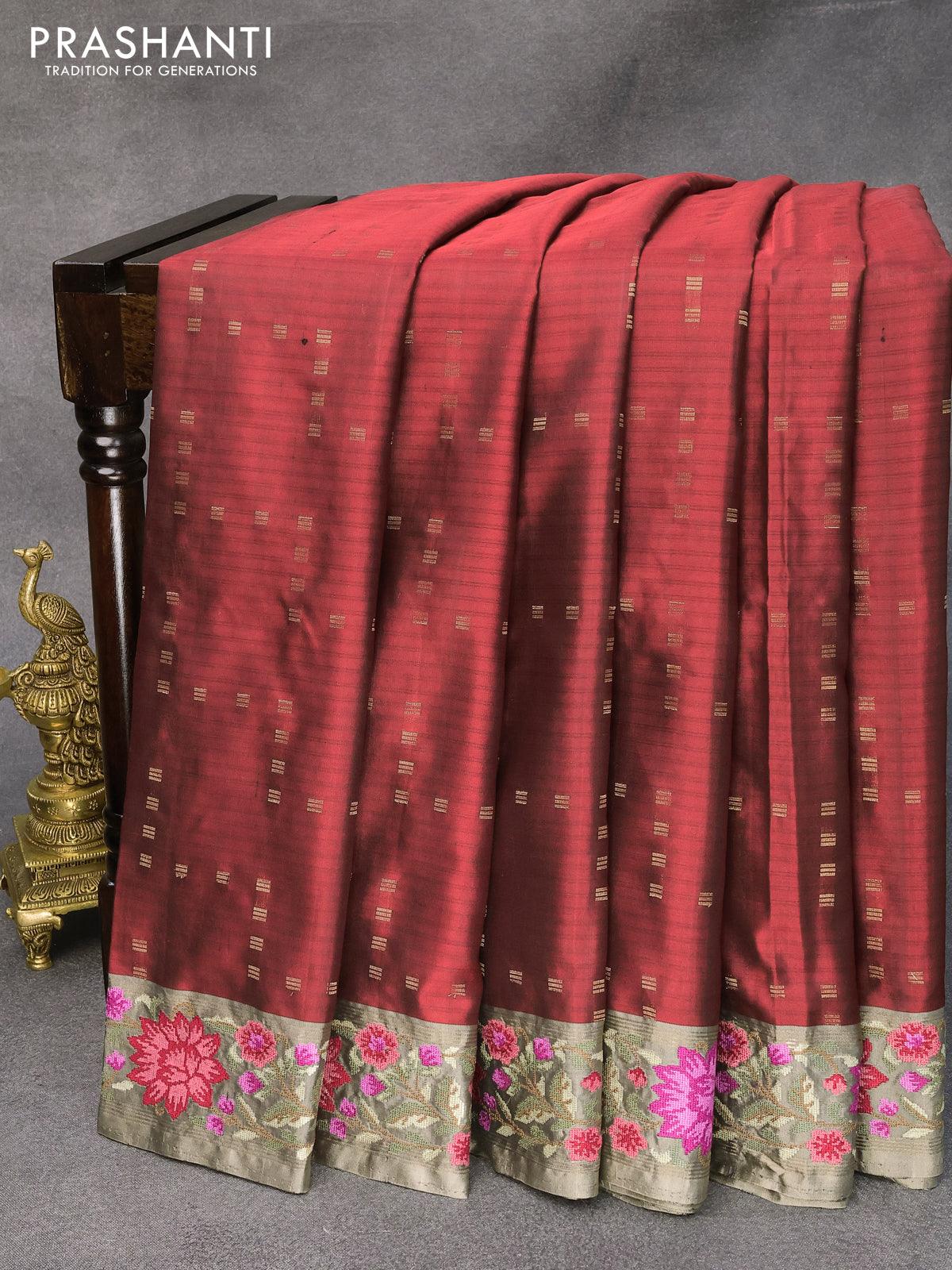 Pure kanjivaram silk saree maroon and grey with allover zari weaves and floral design embroidery cut work border
