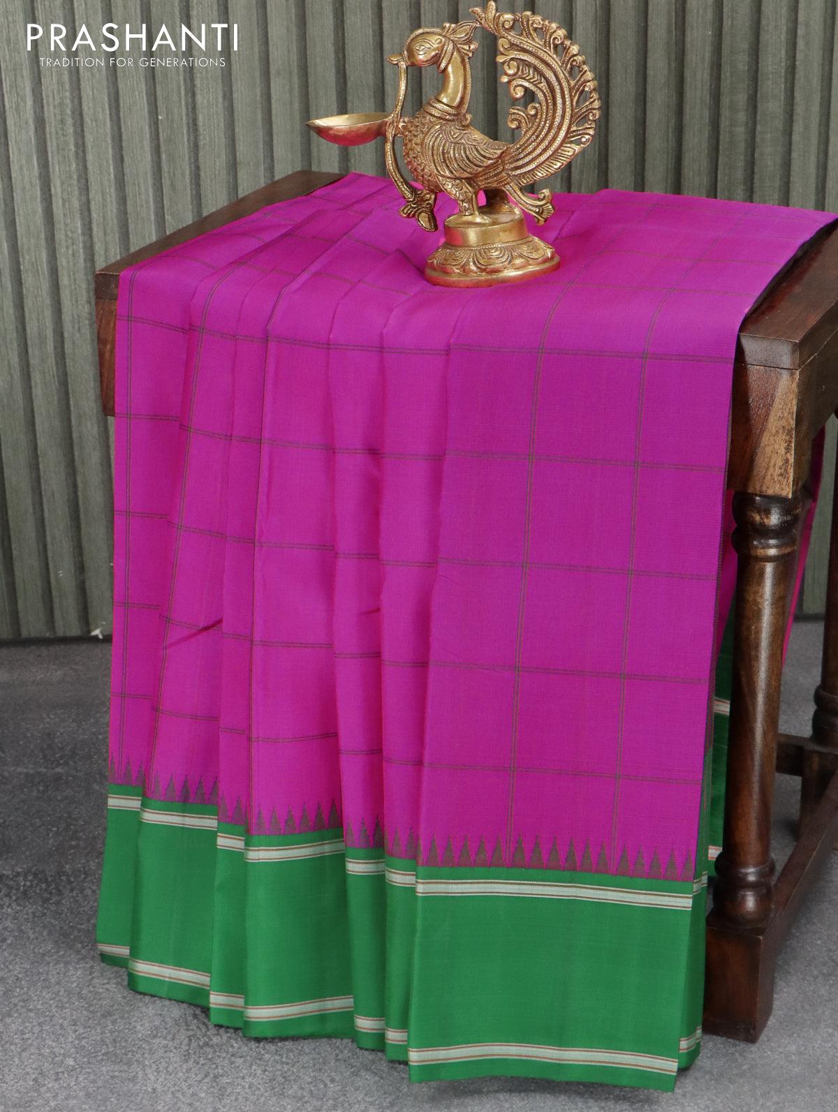 Pure kanjivaram silk saree pink and green with allover checked pattern and temple design simple border