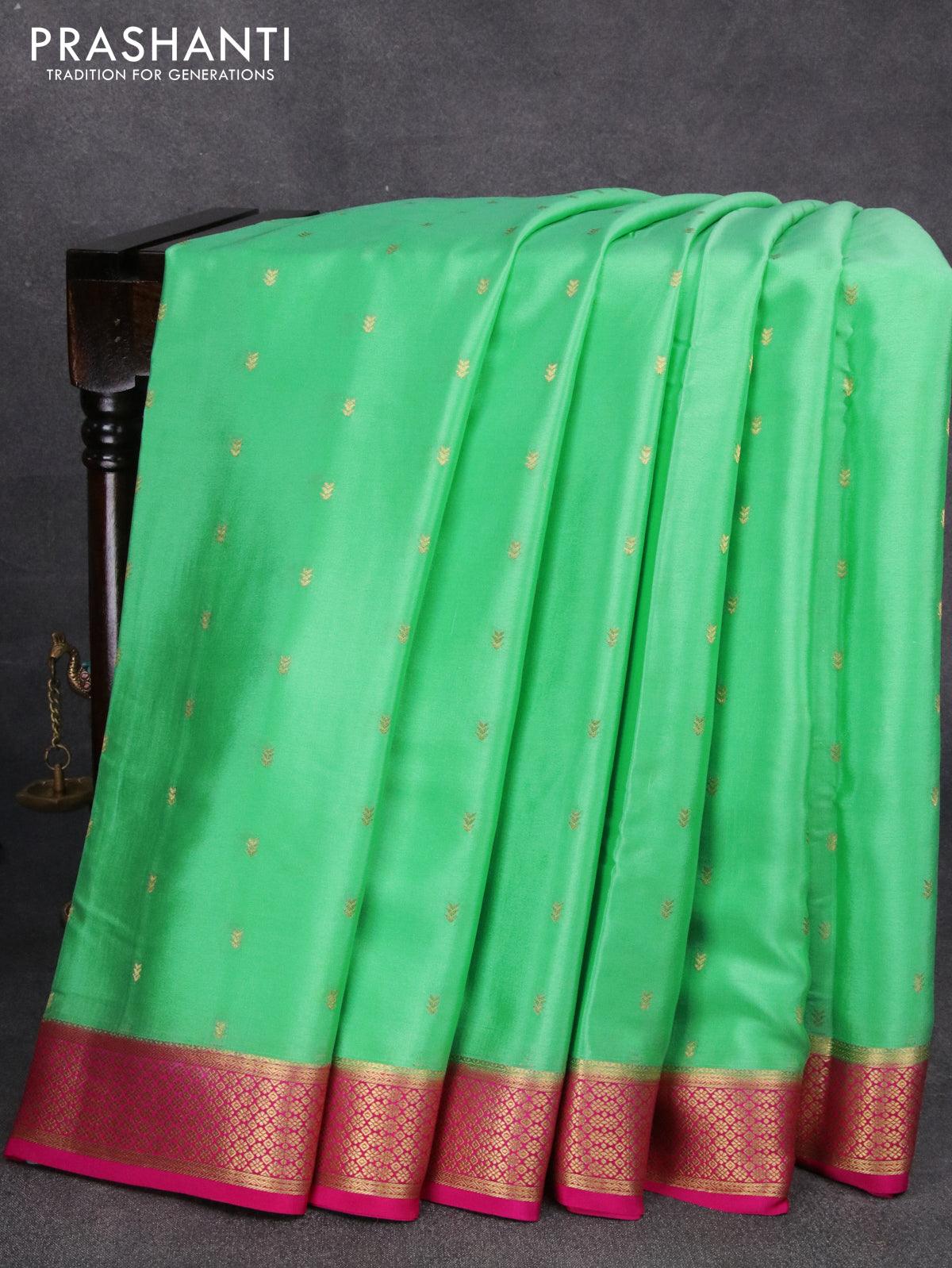 Pure mysore silk saree green shade and pink with allover zari woven buttas and zari woven border