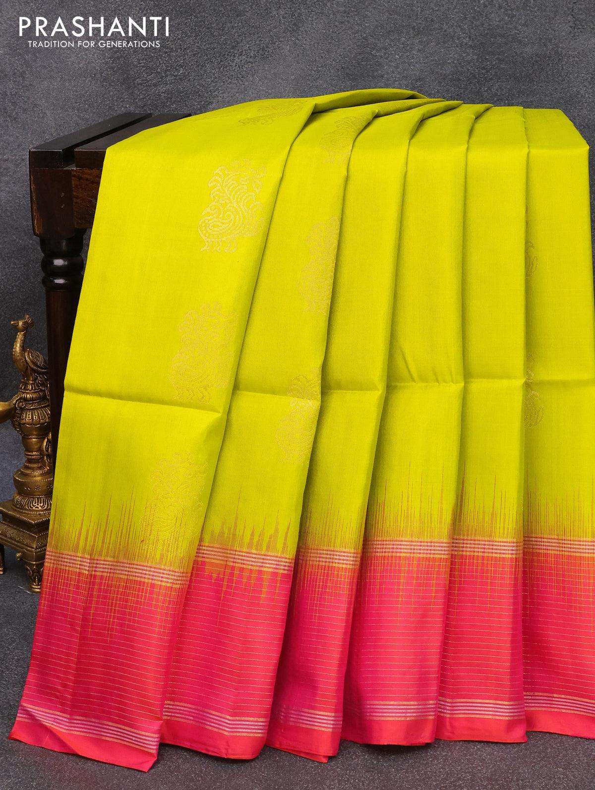 Pure soft silk saree lime green and dual shade of pinkish orange with annam zari woven buttas and zari woven simple border