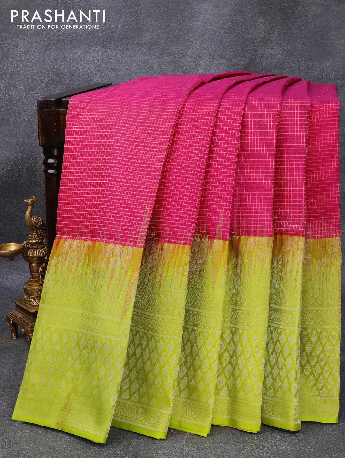 Pure soft silk saree pink and lime green with allover small silver zari checks and silver zari woven border