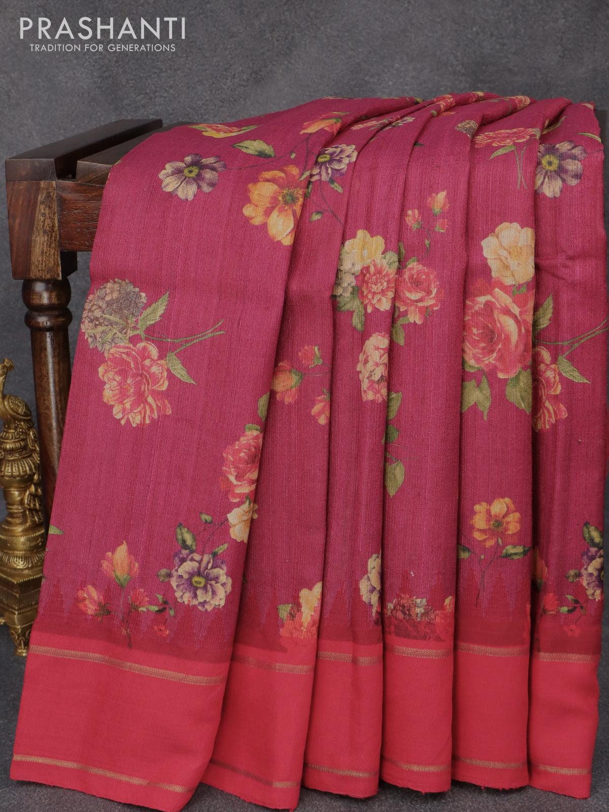 Pure tussar silk saree dark pink and red with allover floral prints and temple design zari woven border