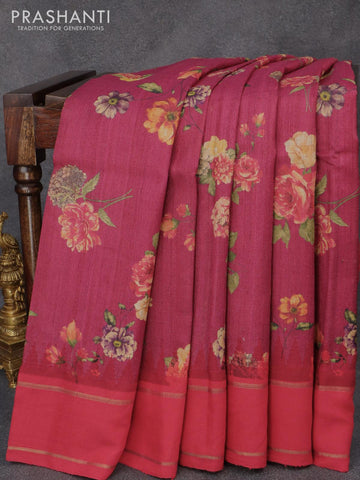 Pure tussar silk saree dark pink and red with allover floral prints and temple design zari woven border