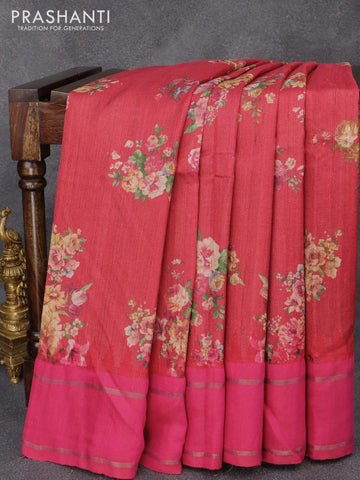Pure tussar silk saree red and pink with allover floral prints and temple design zari woven border