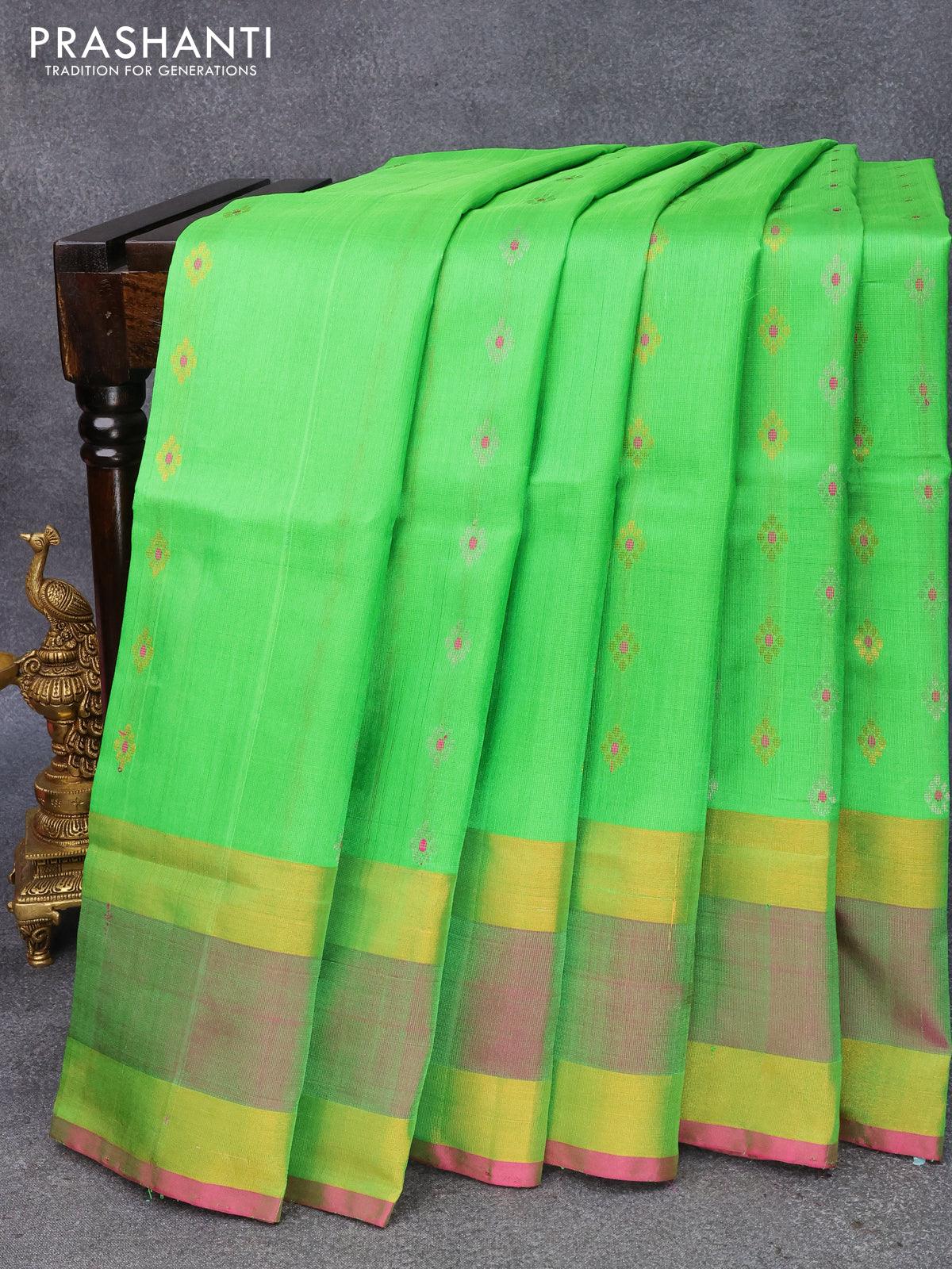 Pure uppada silk saree parrot green and pink with allover silver & gold zari woven buttas and rettapet zari woven border