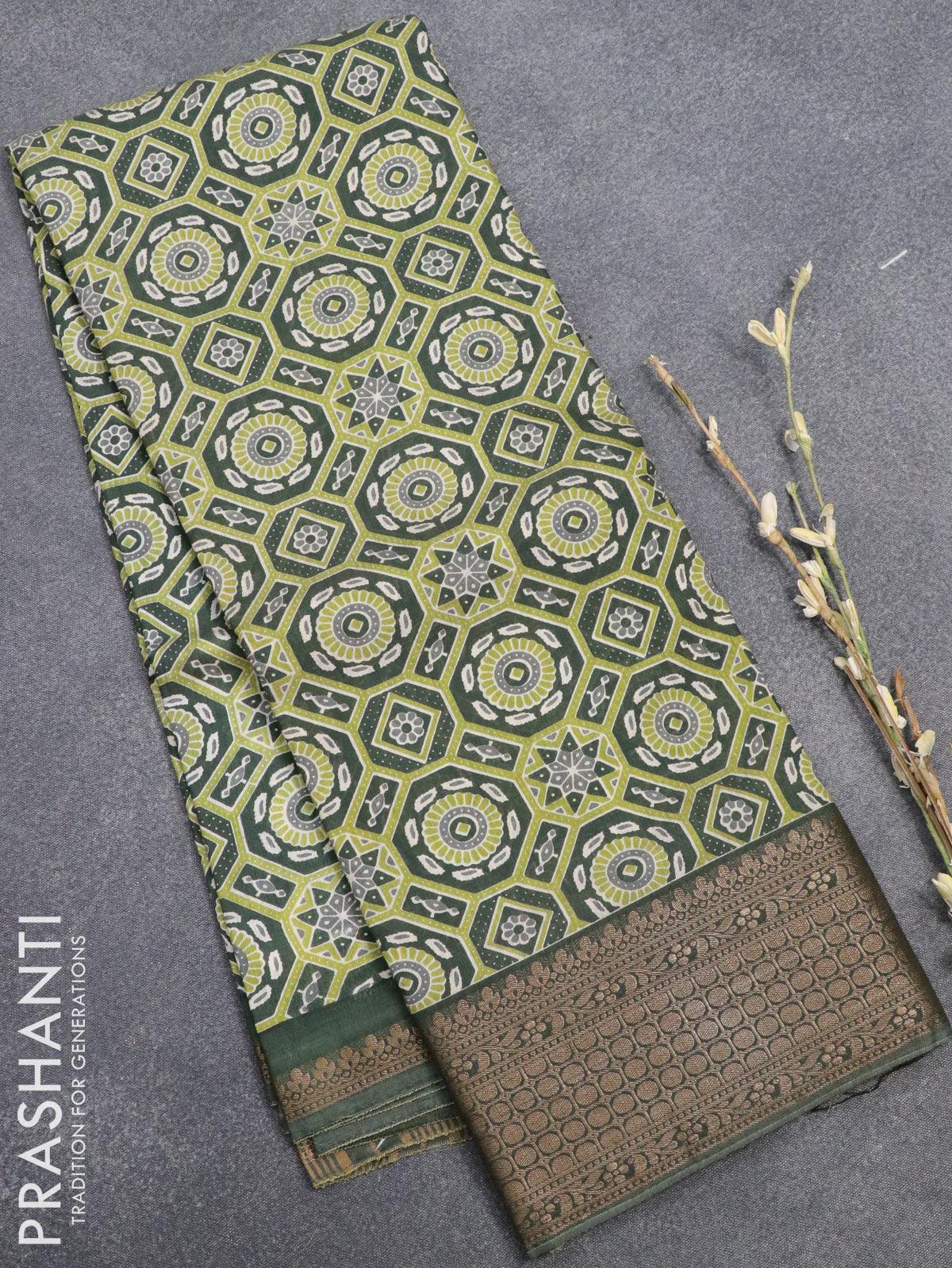 Semi gadwal saree green shade with allover ajrakh prints and woven border