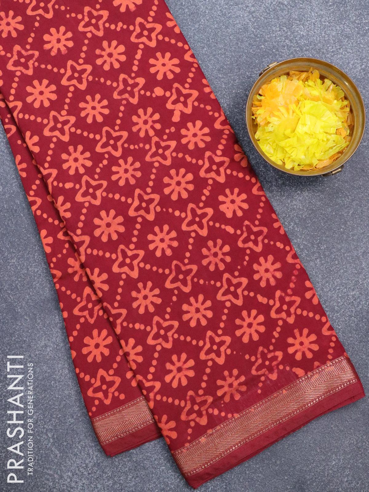 Semi gadwal saree maroon with allover batik prints and zari woven border