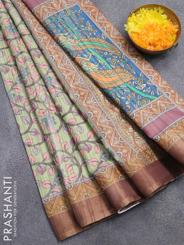 Semi matka saree light green and brown with allover floral prints and zari woven border