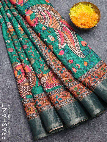 Semi matka saree teal green shade with allover kalamkari prints and zari woven border
