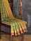 Semi matka silk saree light green and brown with allover floral prints and small zari woven border