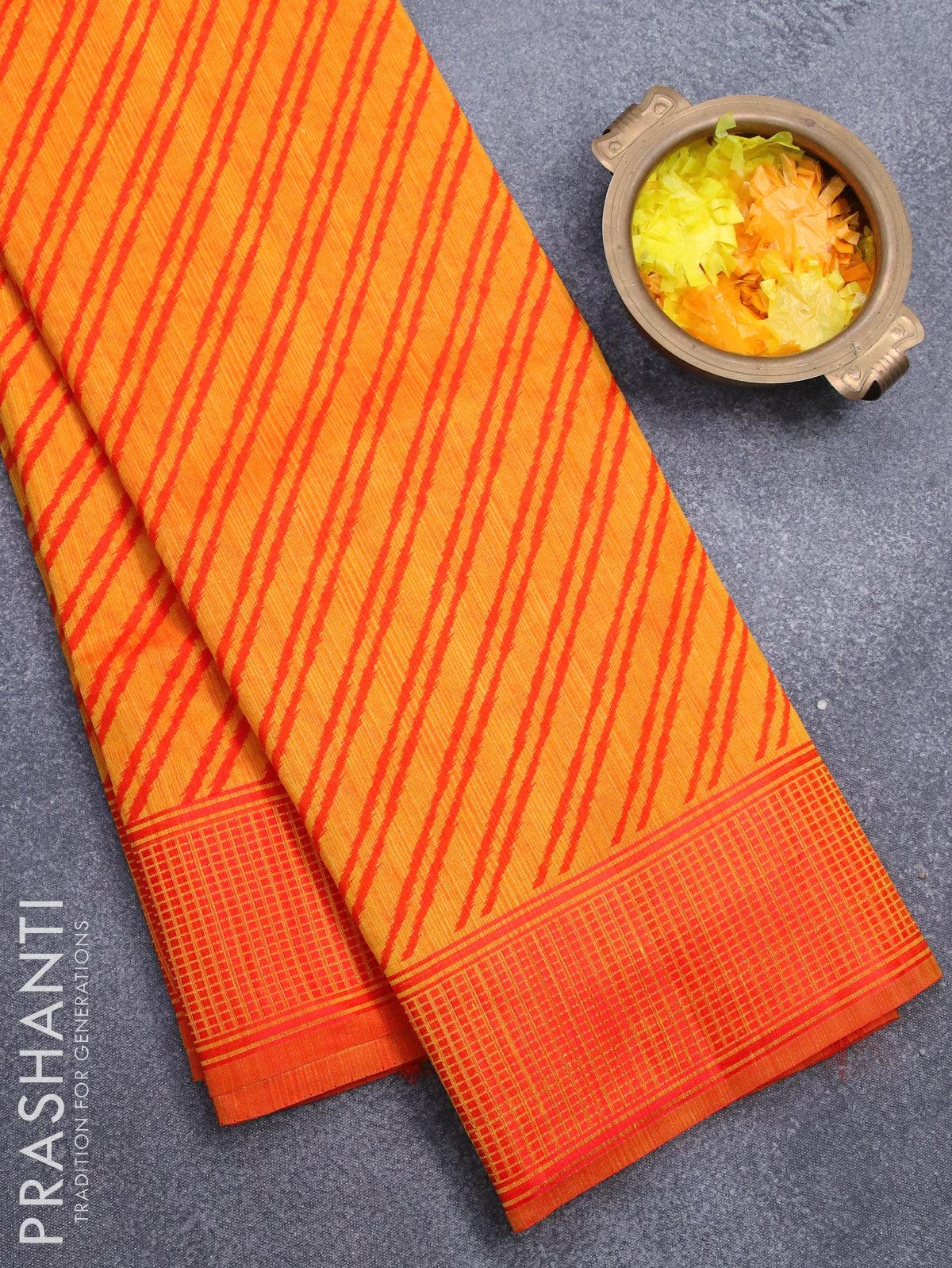 Semi raw silk saree mango yellow and red shade with allover stripe prints and woven border