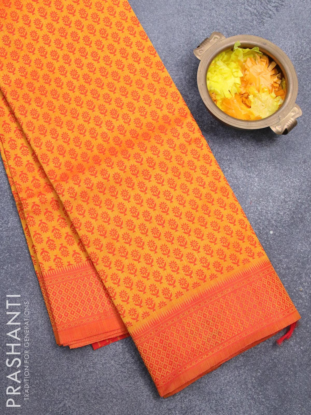 Semi raw silk saree mango yellow and red with allover floral butta prints and woven border