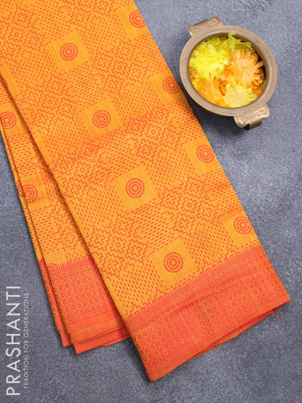 Semi raw silk saree mango yellow and red with allover prints and woven border