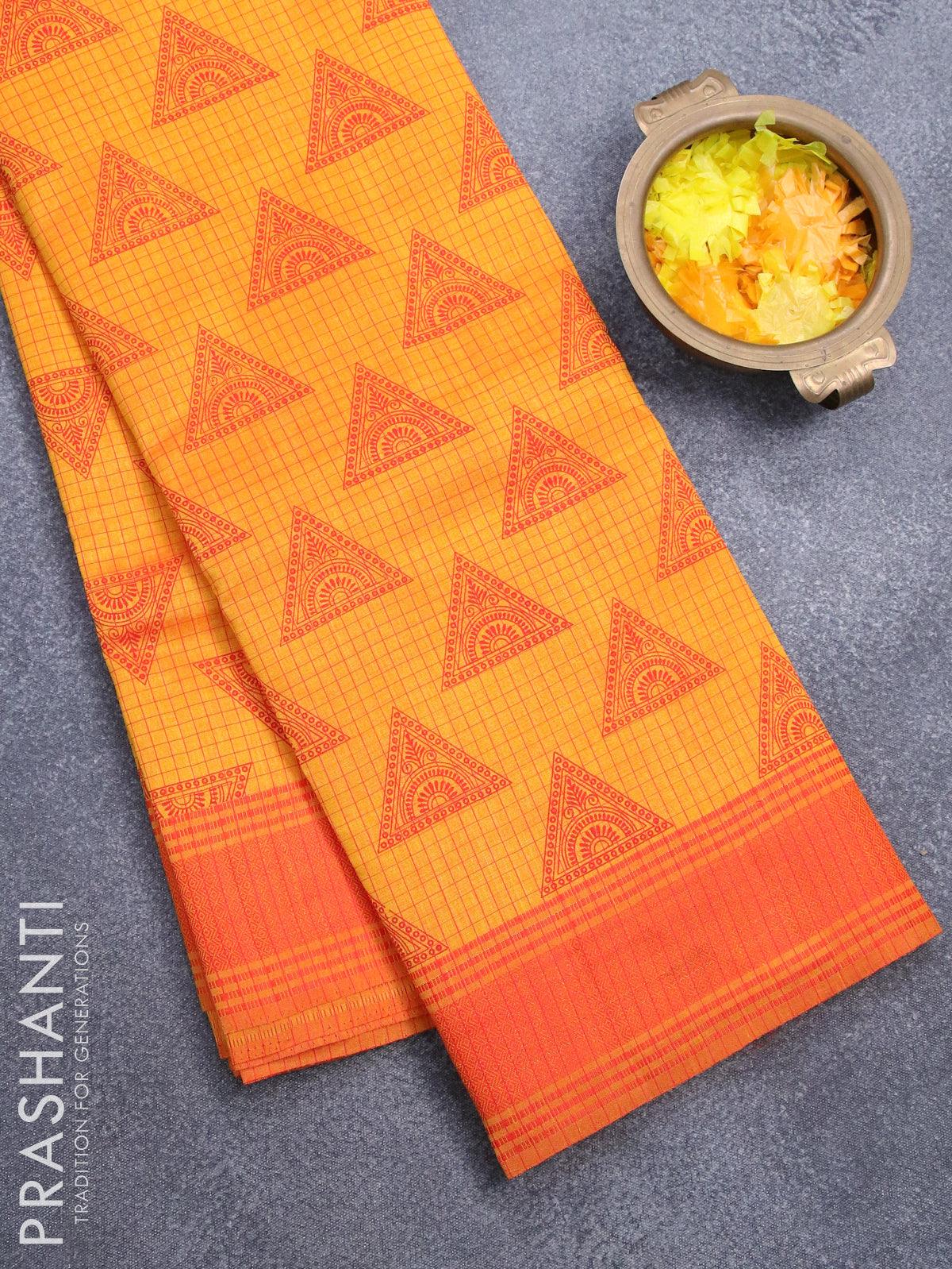 Semi raw silk saree mango yellow and red with geometric butta prints and woven border