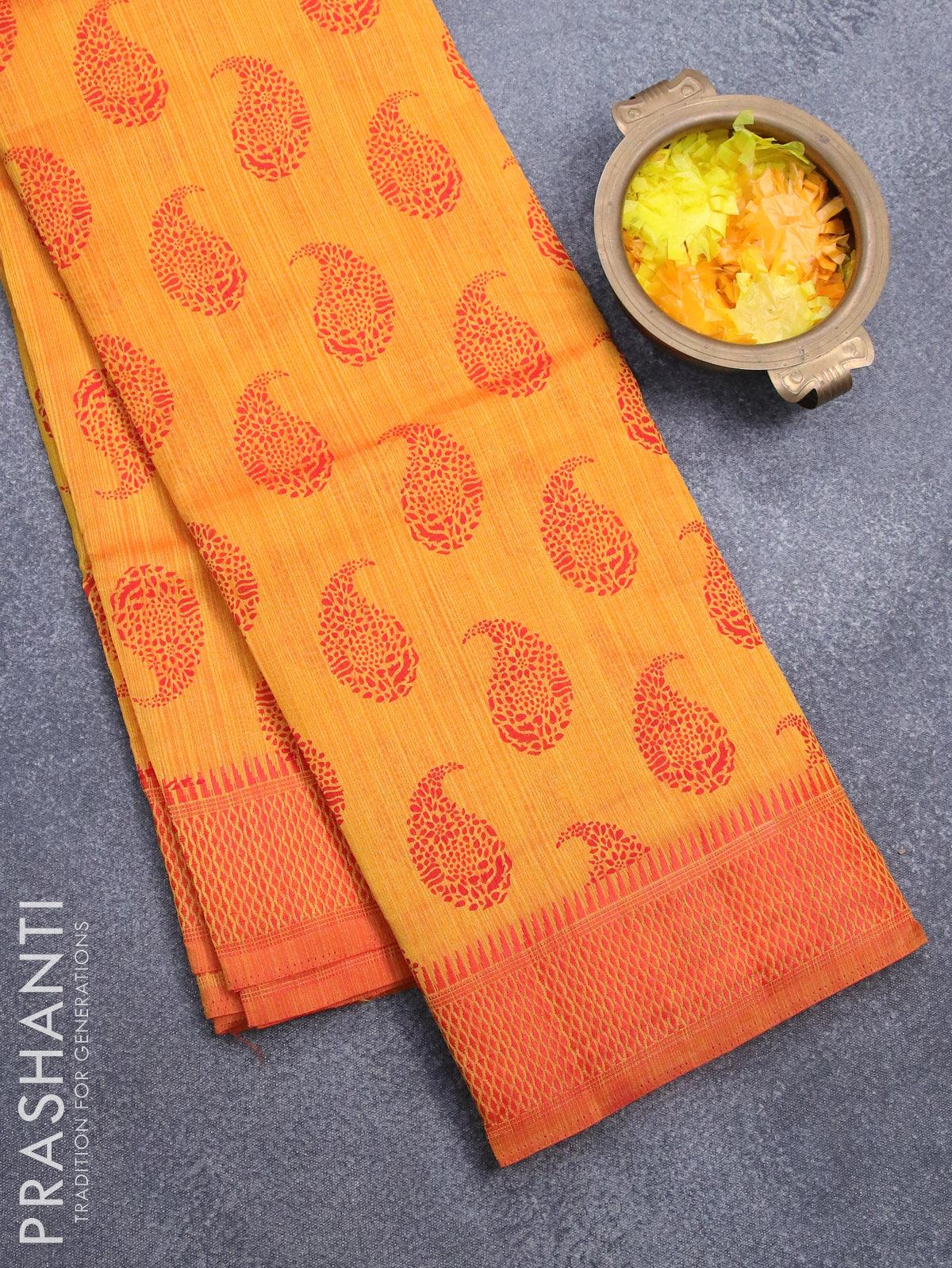 Semi raw silk saree mango yellow and red with paisley butta prints and woven border