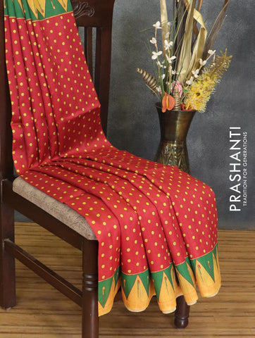 Semi raw silk saree red and yellow with allover prints and paithani border