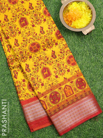 Semi raw silk saree yellow and maroon with allover prints and zari woven border