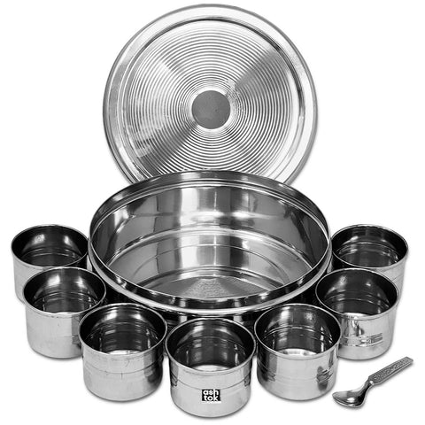 Stainless Steel Masala Box/Dabba With Lid, Spoon, And 7 Cup Bowls.