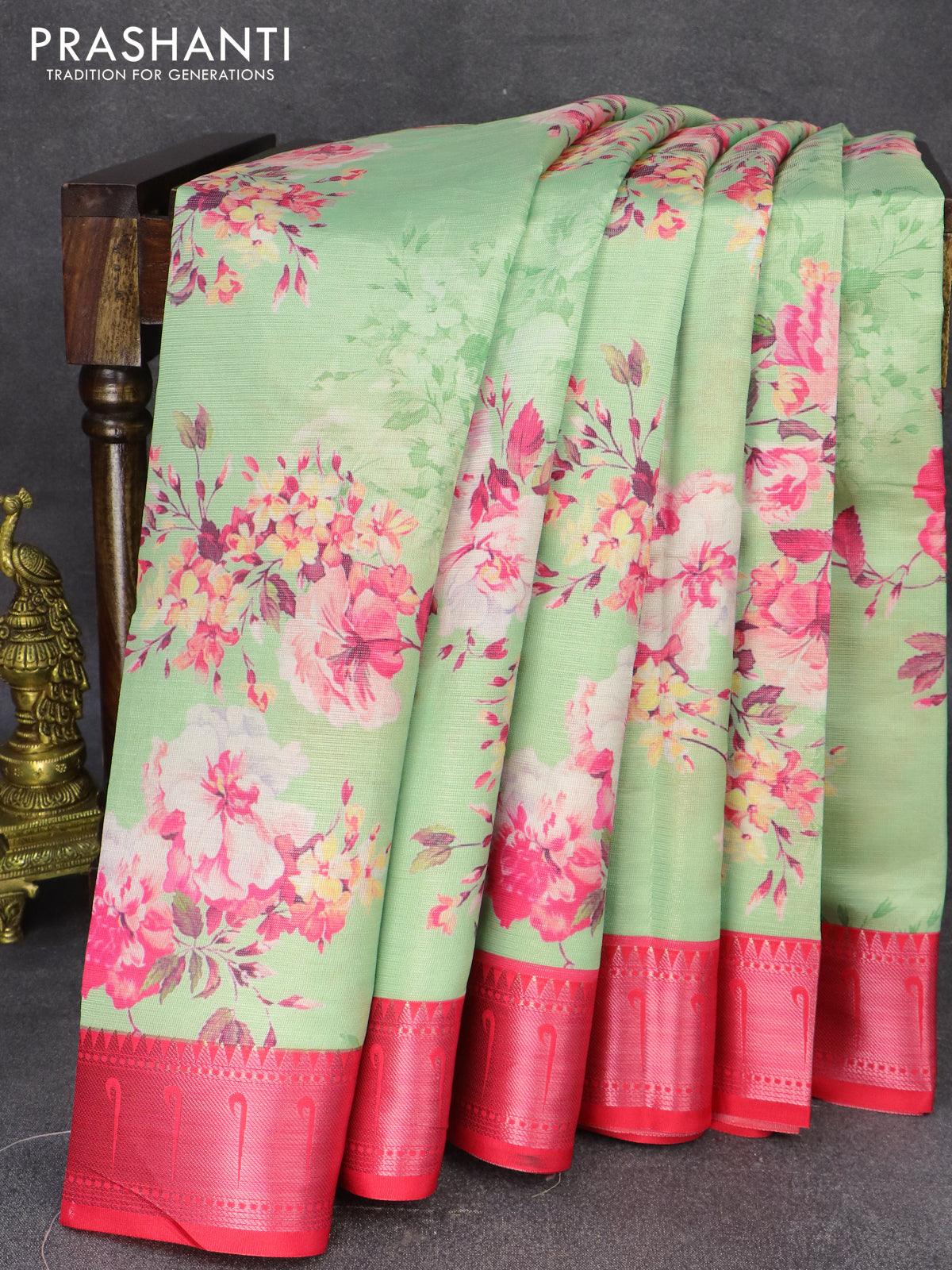 Tissue saree green and pink with allover digital floral prints and muniya paithani style border - PBR0626