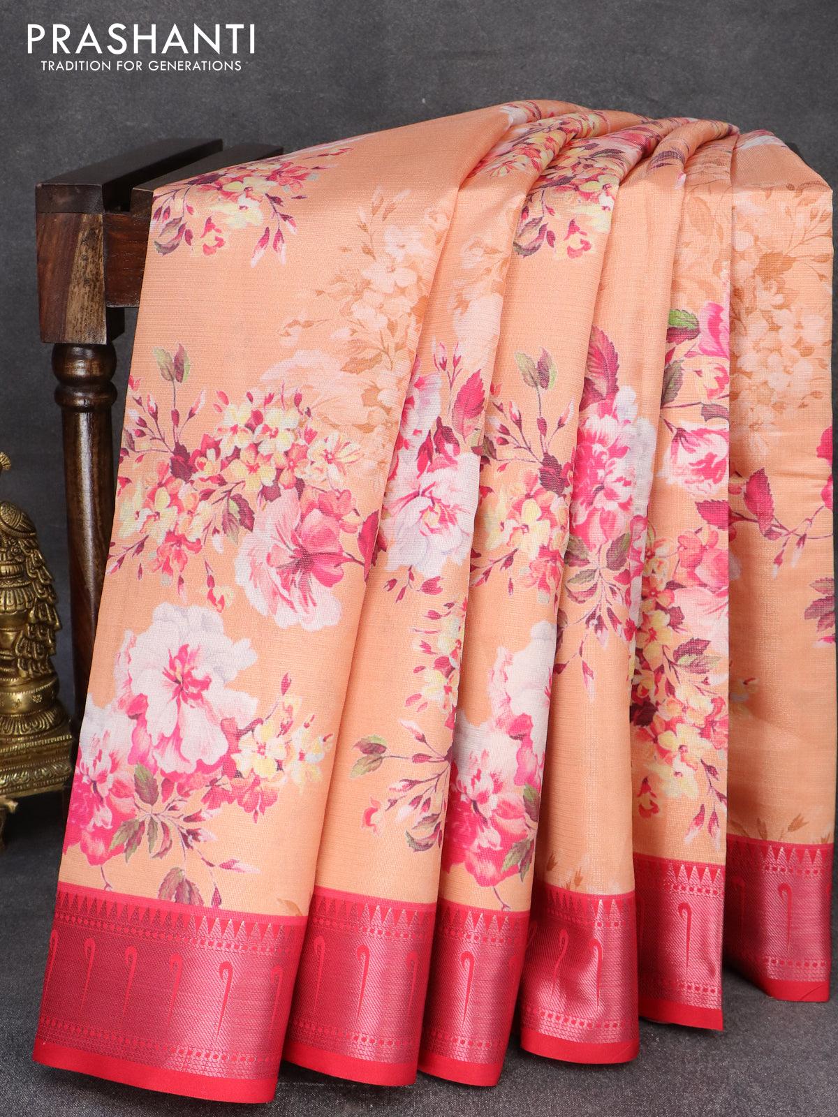 Tissue saree peach orange and pink with allover digital floral prints and muniya paithani style border