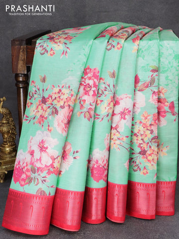 Tissue saree teal blue and pink with allover digital floral prints and muniya paithani style border