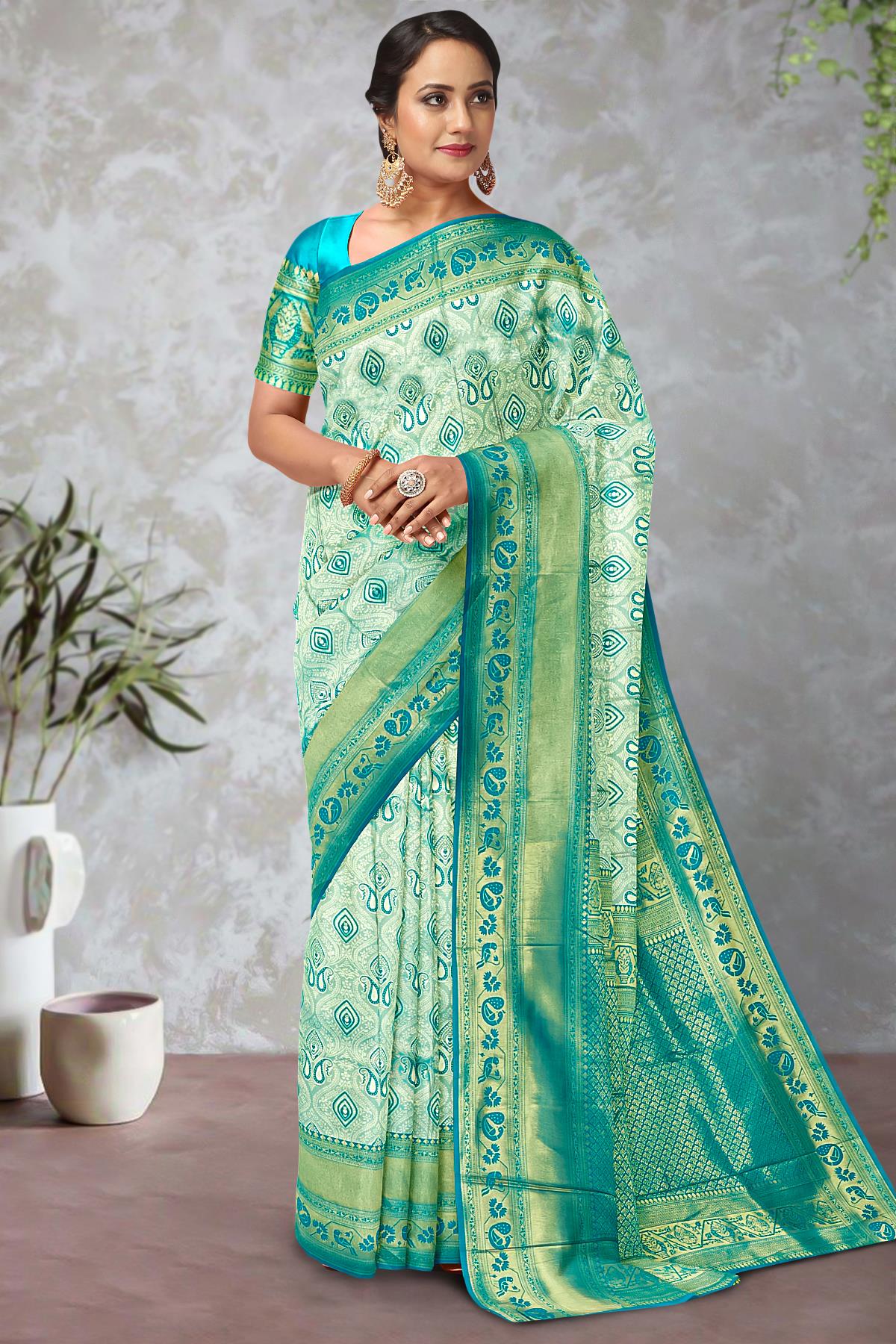 LIGHT BLUE and TEAL PAISLEY TISSUE SILK Saree with BANARASI